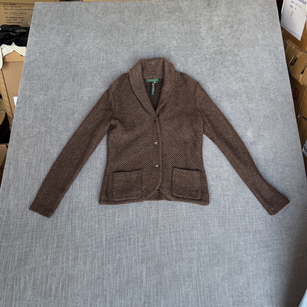 Lauren Ralph Lauren Petite PM Herringbone Sweater Knit Blazer Cardigan Wool Cash